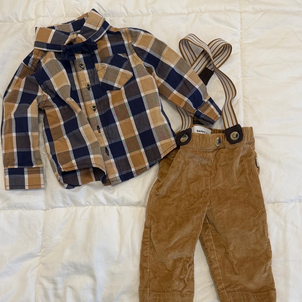 Sammy + Nat Navy and Tan Checkered Shirt with corduroy overalls and suspenders